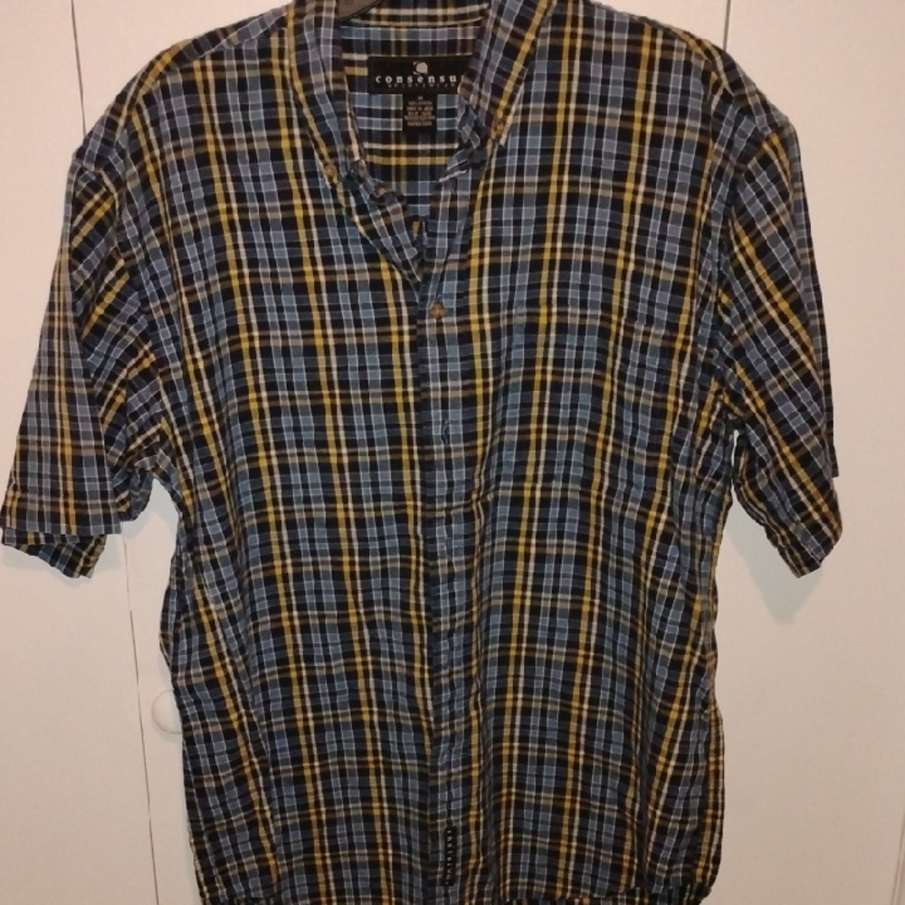 Consensus Men’s Short-Sleeve Plaid Button-Down Shirt in Blue & Yellow